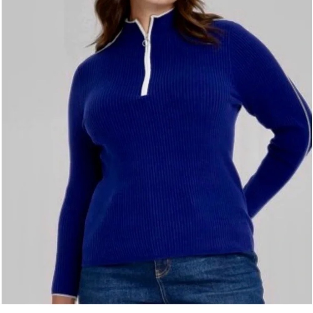 Ava + Viv Royal Blue with White Trim Half Zipper Sweater Blouse Size X - Picture 6 of 6